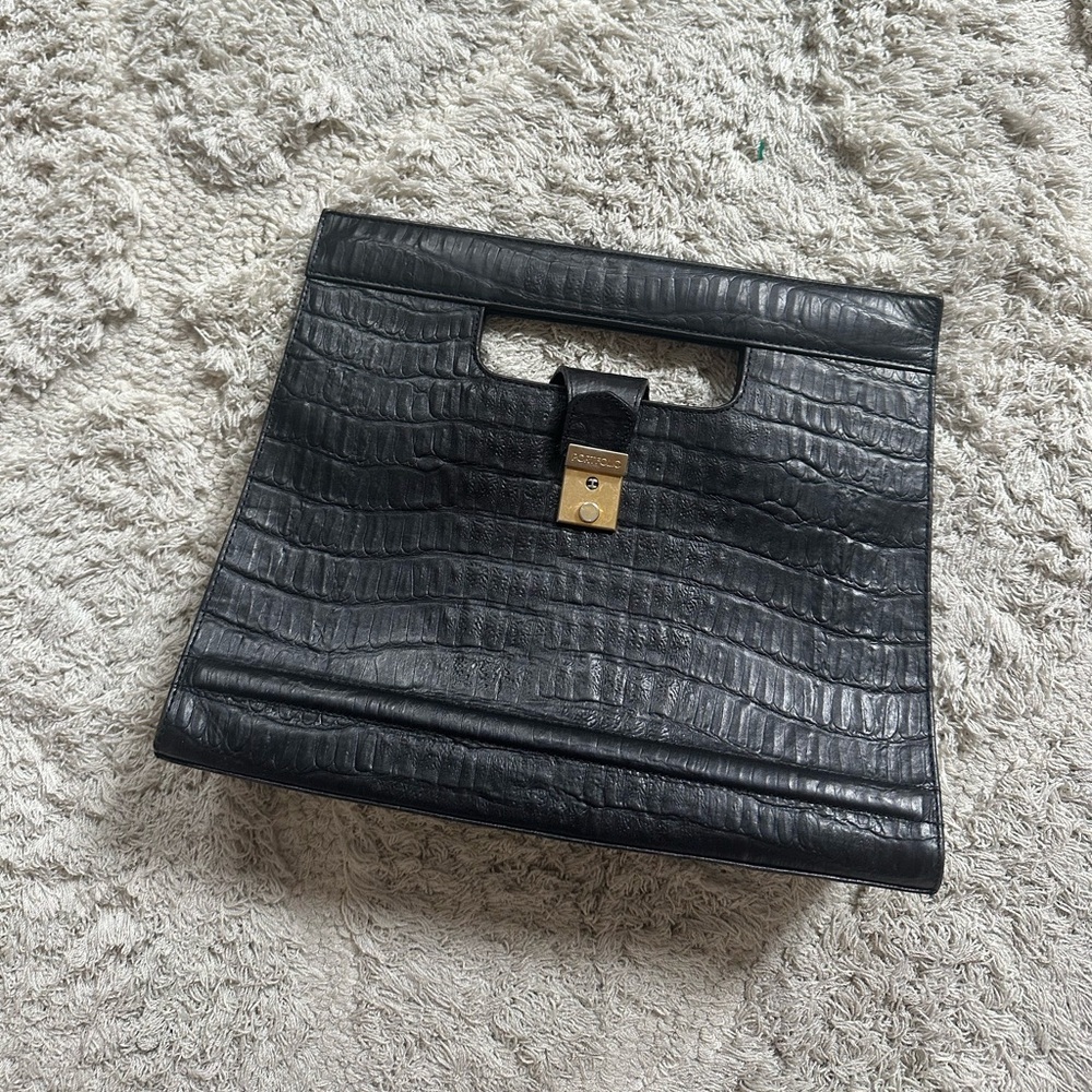 Portofino Black Embossed purse Tote Gold Accents square vintage